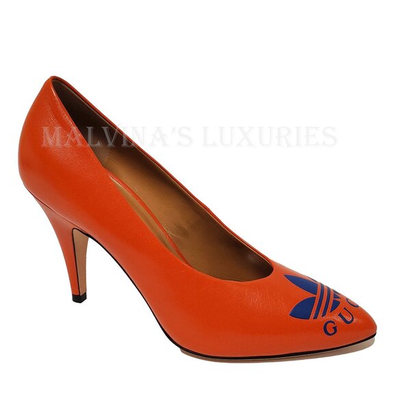 GUCCI SHOES ADIDAS X TREFOIL ORANGE LEATHER PUMPS w LOGO sz 37 / 7 - Picture 8 of 16